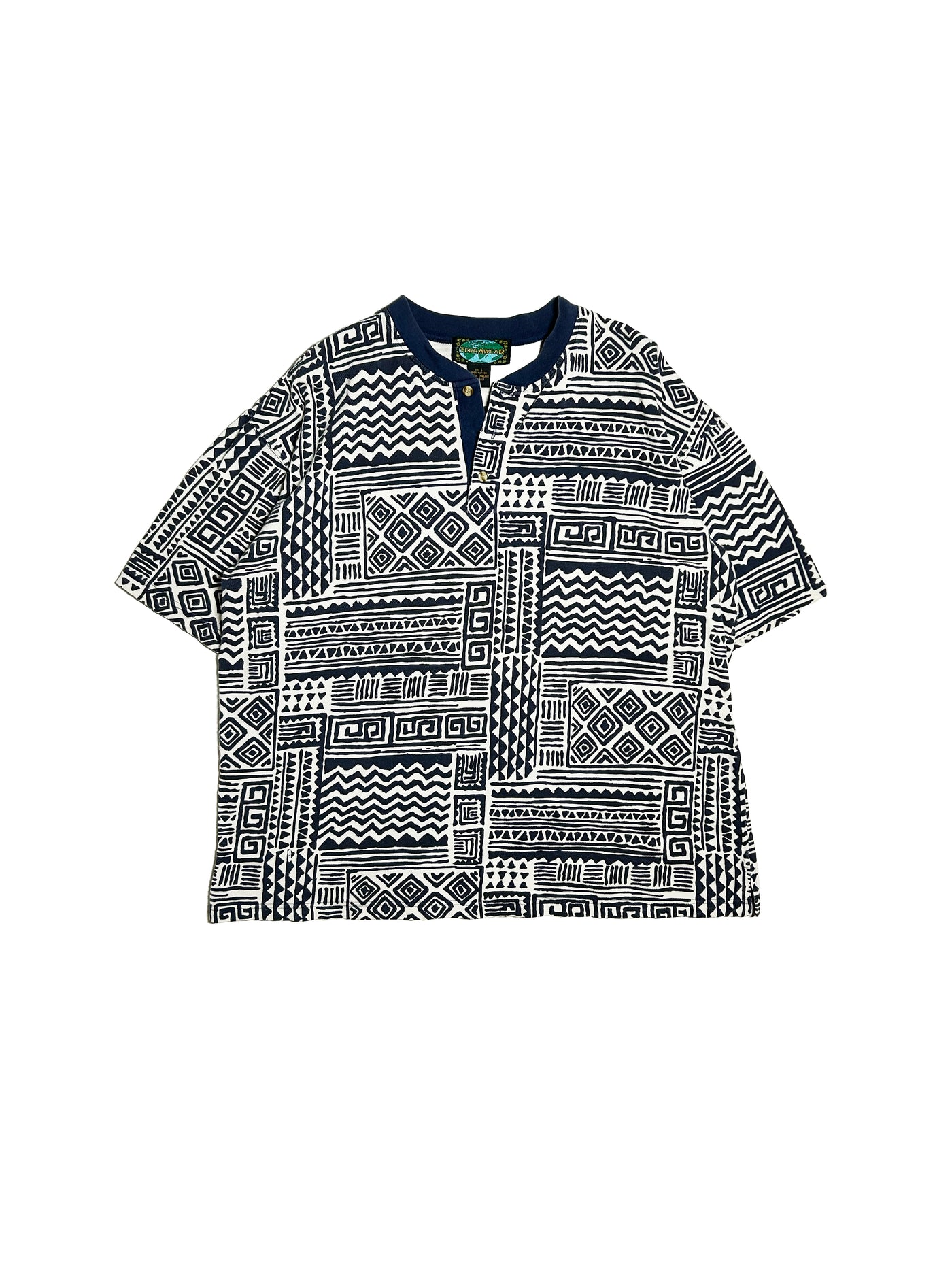 Vintage 90s Tearwear Aztec Patterned Henley T-Shirt