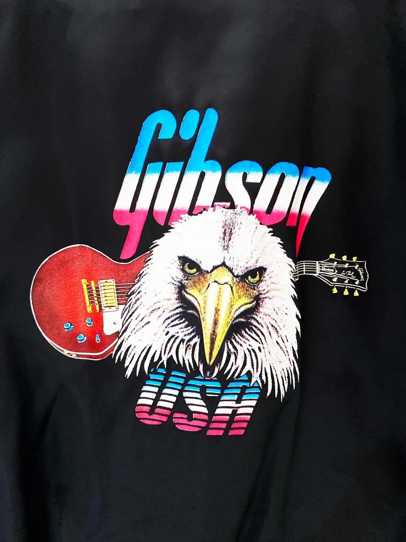 Vintage GIBSON USA Guitar Logo Black Satin Nylon Bomber Jacket